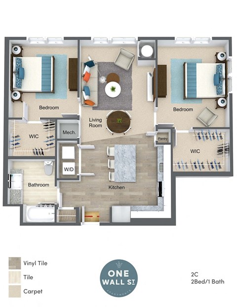 Floor plan for 2 beds, 1 bath, 962 sqft